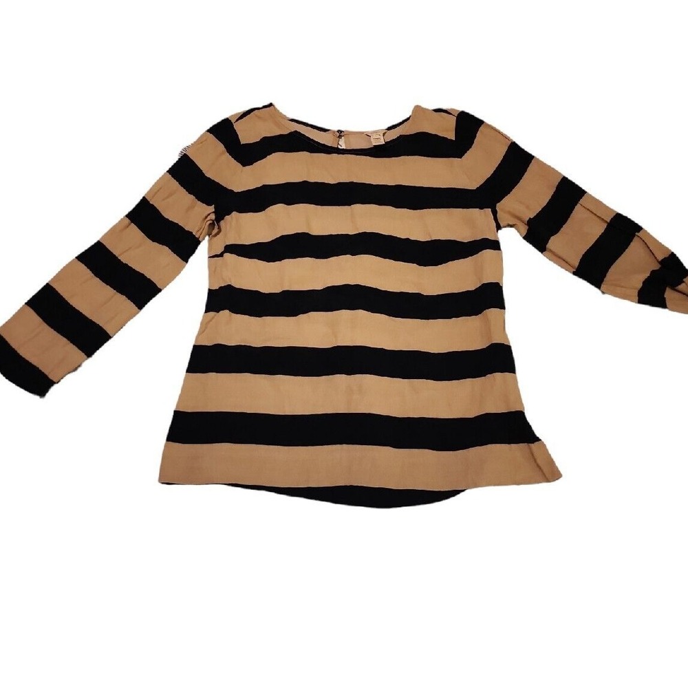 J.Crew Striped Top Long Sleeve‎ Crew Neck Casual Blouse Black Tan Size 2